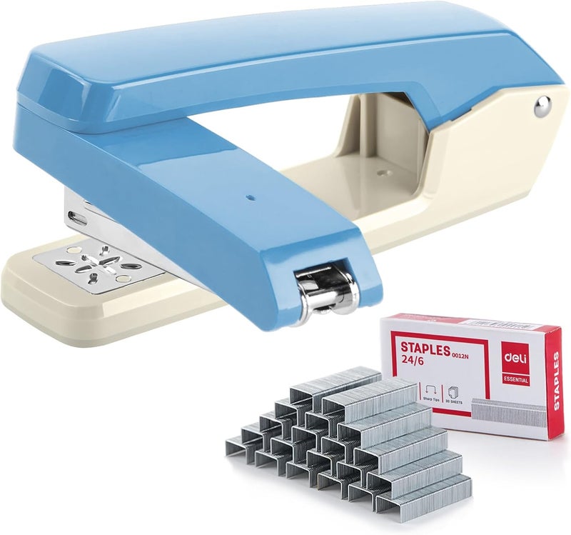 EZWORK Deli/ Swing-Arm Swivel Stapler, 25 Sheets Capacity, 360 Degree Rotate Desk Staplers with 1000 Staples for Booklet or Book Binding, Blue+White - Image 1